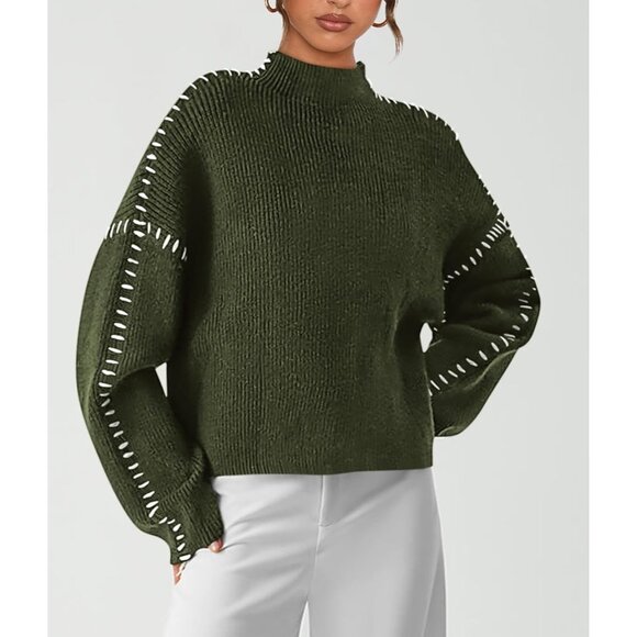 Women's Chunky Knit  Casual Long Sleeve Mock Neck Loose Pullover Sweater Tops - Picture 4 of 7